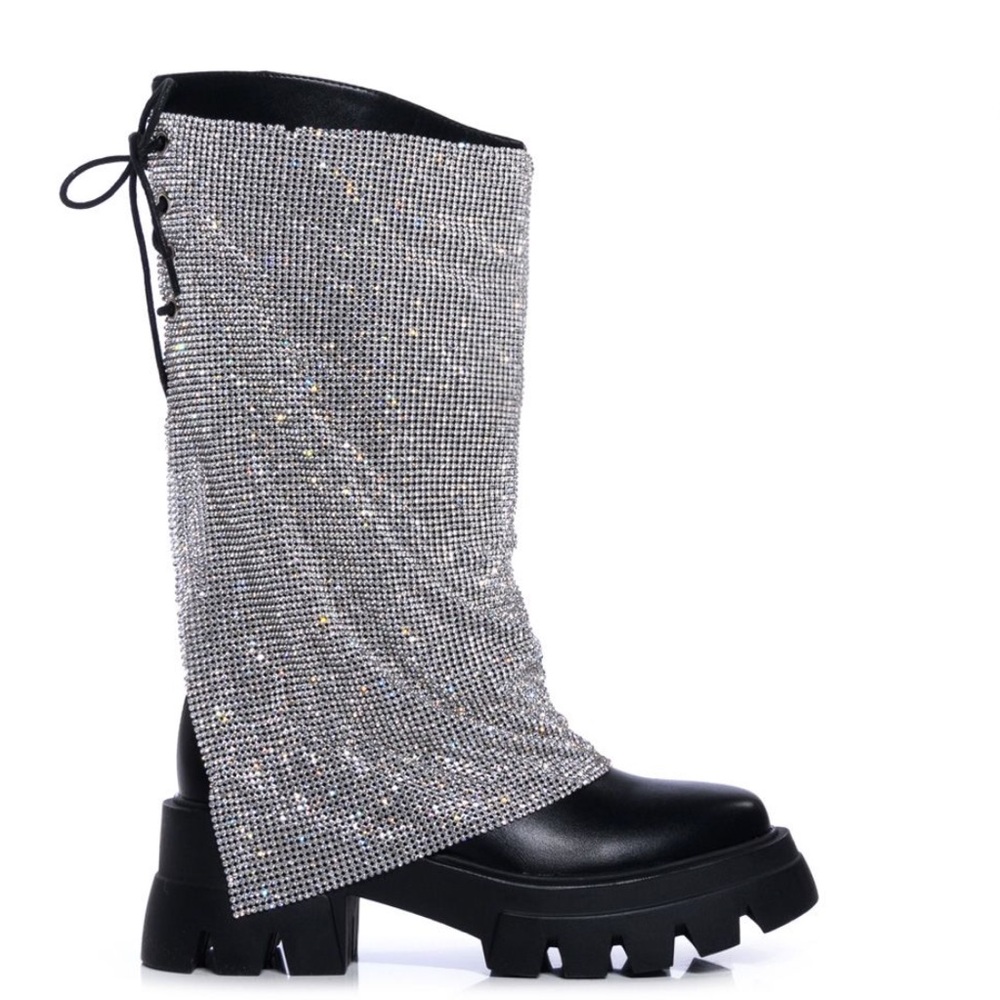 MIZ AKIRA Big BLING BOOTS ON THE GROUND: Black Rhinestone Construction Boot 8.5